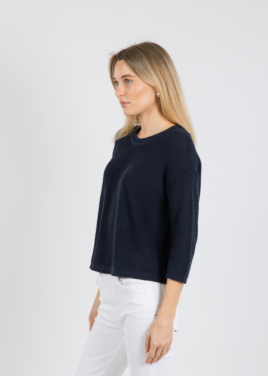 Pure Amici Rayna Crew Neck Shaker Sweater in Navy available at Barbara Katz
