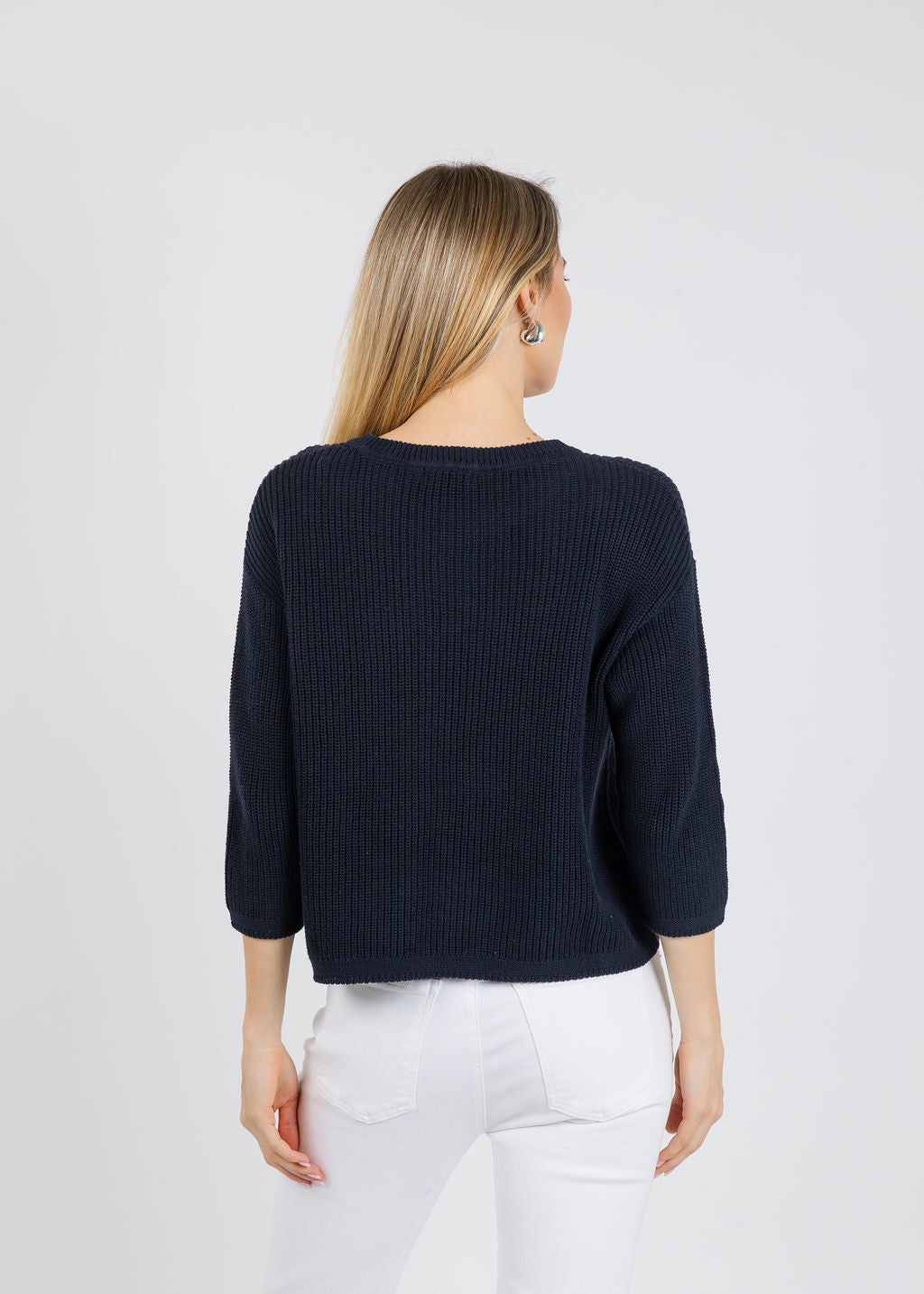 Pure Amici Rayna Crew Neck Shaker Sweater in Navy available at Barbara Katz