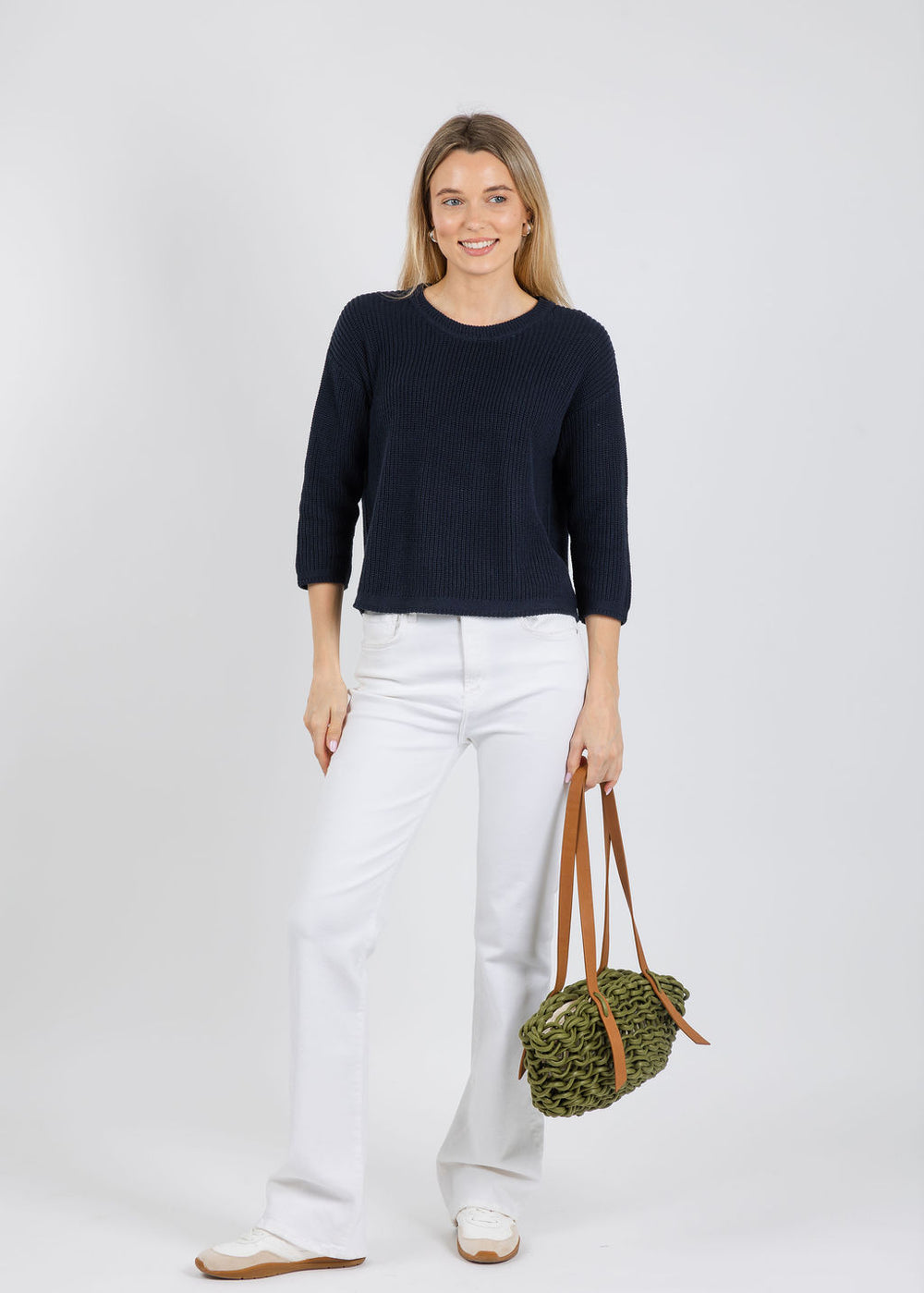 Pure Amici Rayna Crew Neck Shaker Sweater in Navy available at Barbara Katz