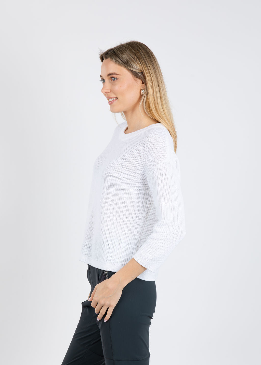 Pure Amici Rayna Crew Neck Shaker Sweater in White available at Barbara Katz