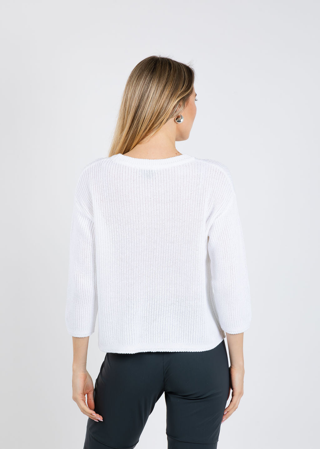Pure Amici Rayna Crew Neck Shaker Sweater in White available at Barbara Katz
