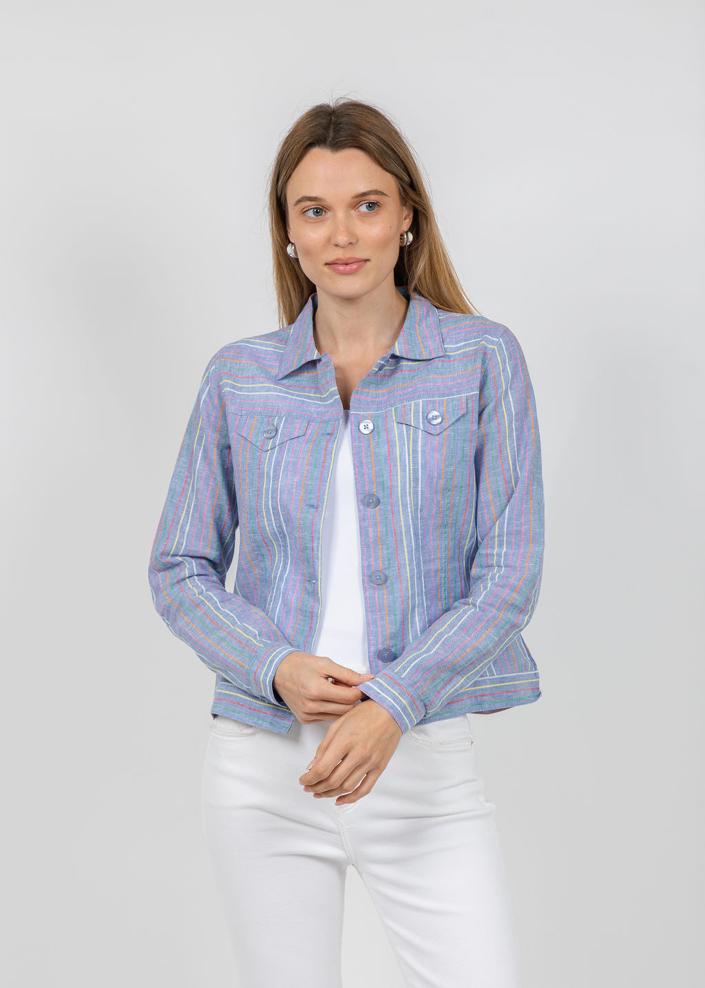 Pure Amici Stripe Linen Jacket in Water available at Barbara Katz