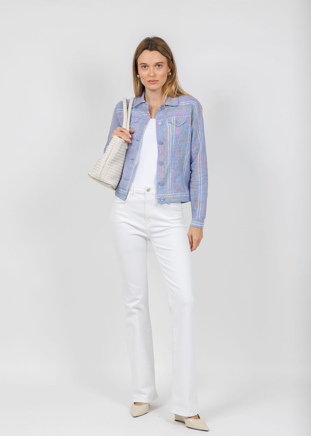 Pure Amici Stripe Linen Jacket in Water available at Barbara Katz