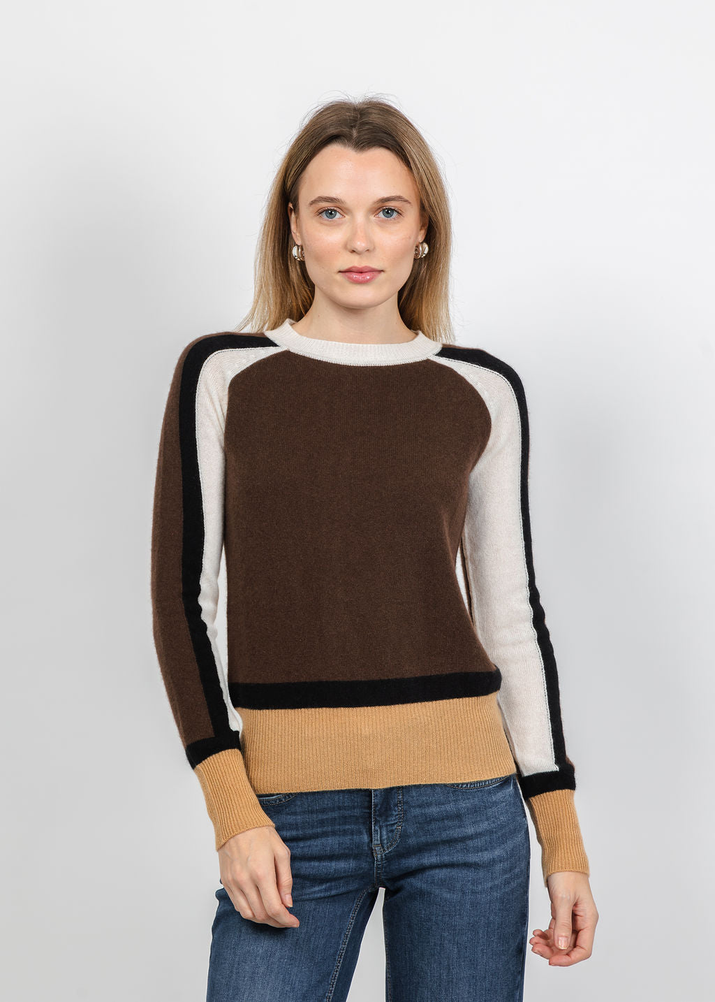 Pure Amici The Riva Cashmere Colorblock Sweater in Coffee Combo available at Barbara Katz