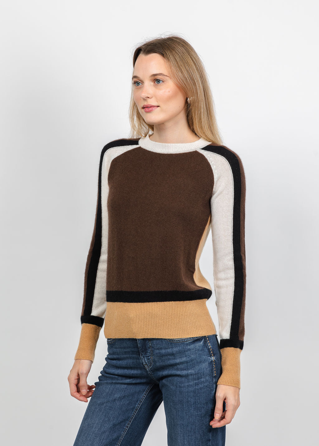 Pure Amici The Riva Cashmere Colorblock Sweater in Coffee Combo available at Barbara Katz