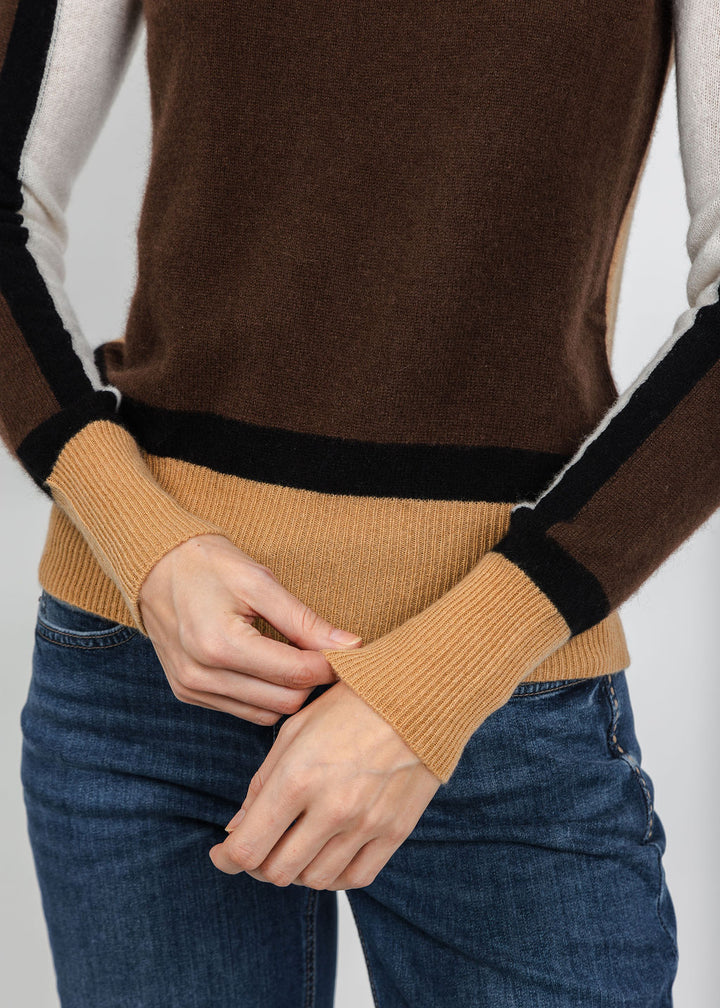 Pure Amici The Riva Cashmere Colorblock Sweater in Coffee Combo available at Barbara Katz