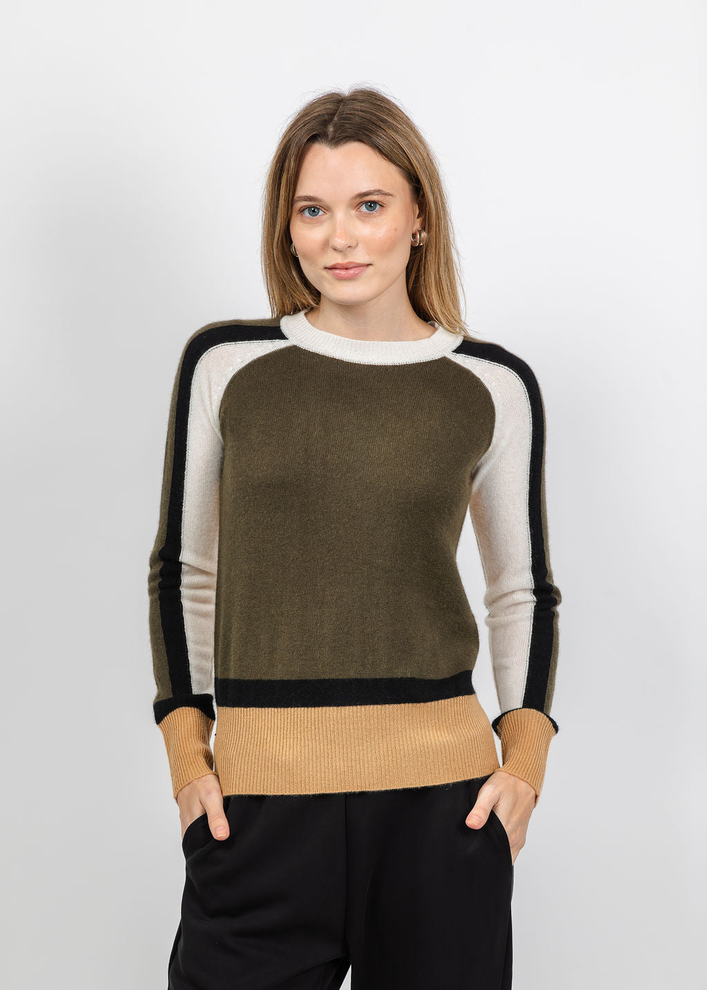 Pure Amici The Riva Cashmere Colorblock Sweater in Loden Combo available at Barbara Katz