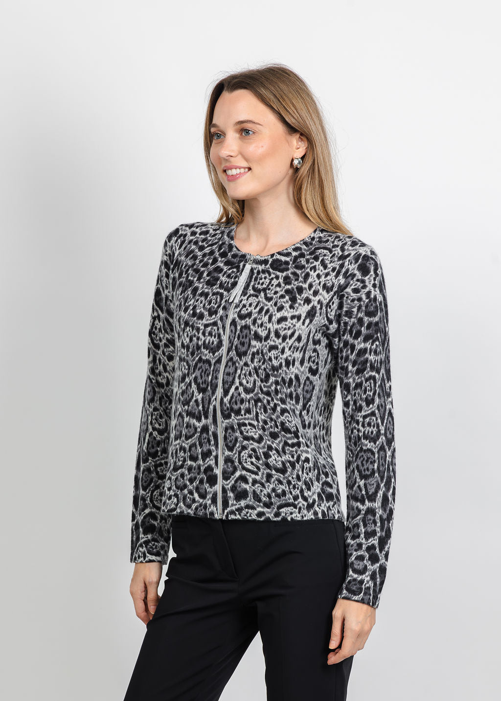 Pure Amici Zip-Up Cashmere Cardigan in Panther available at Barbara Katz