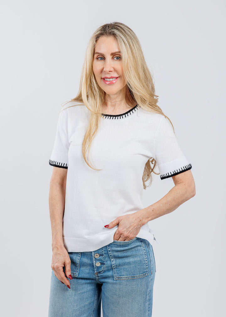 Pure Amici Ali Whipstitch Tee in White/Black available at Barbara Katz