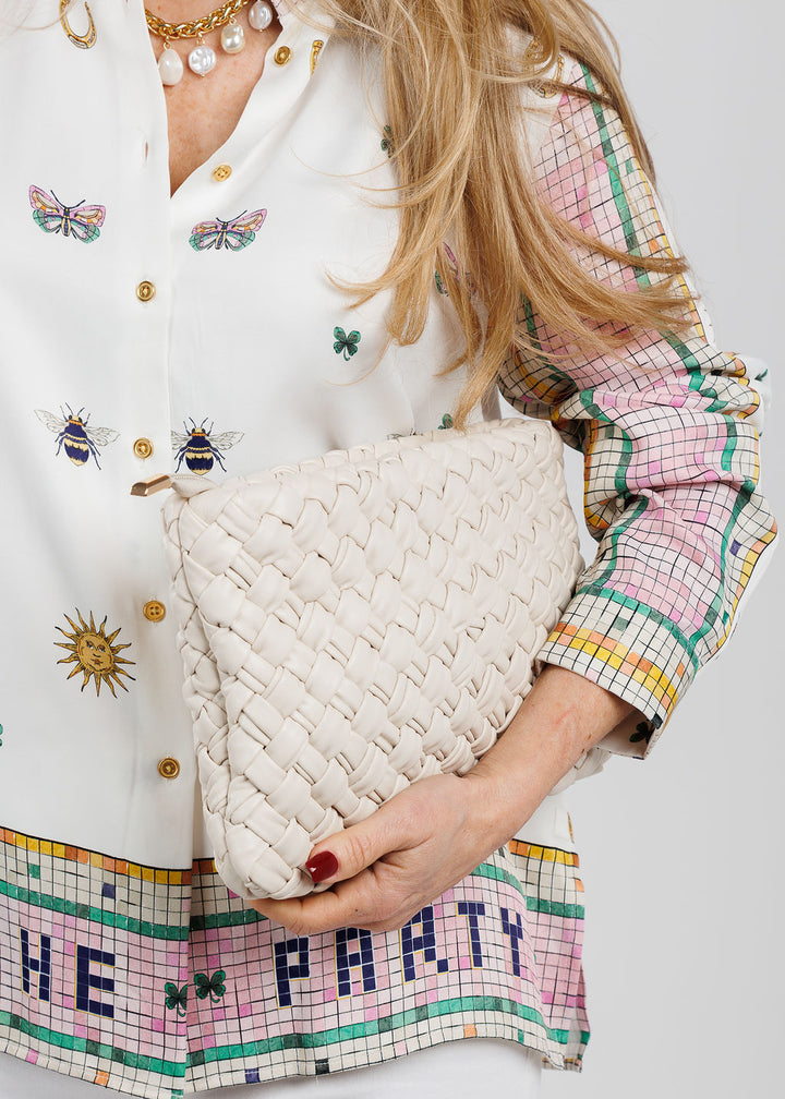 Remi/Reid Nieves Woven Clutch Bag in White available at Barbara Katz