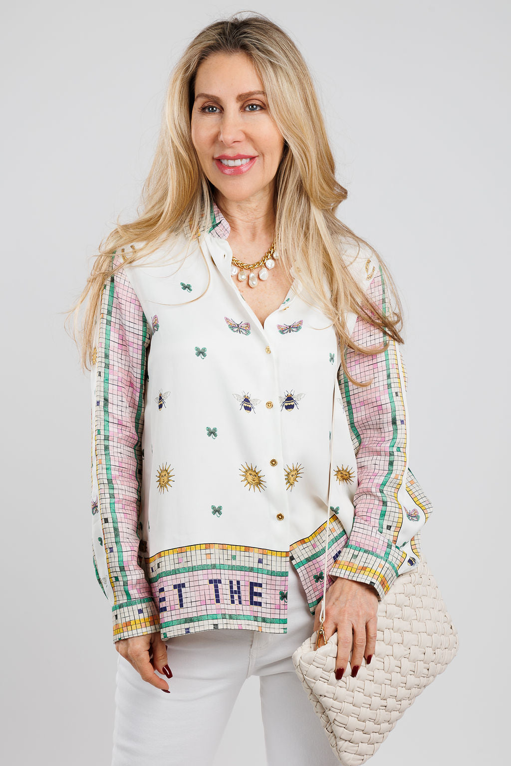 Vilagallo Mosaico Estampado Shirt in Pink Multi with Remi/Reid Nieves Woven Clutch Bag in White available at Barbara Katz