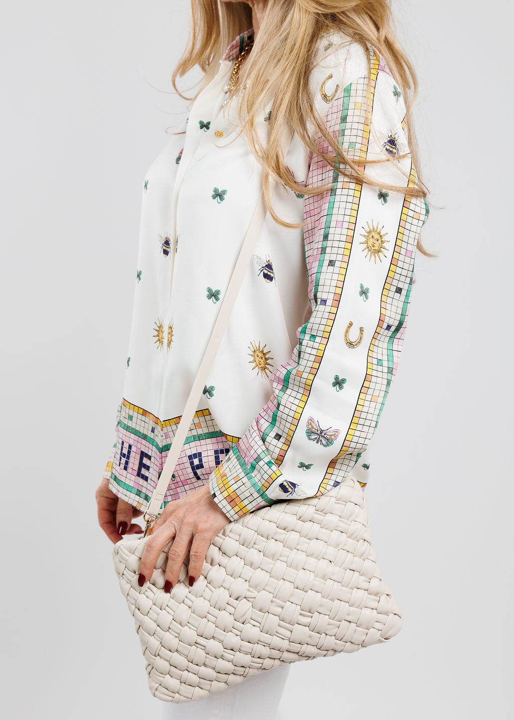 Remi/Reid Nieves Woven Crossbody Clutch Bag in White available at Barbara Katz