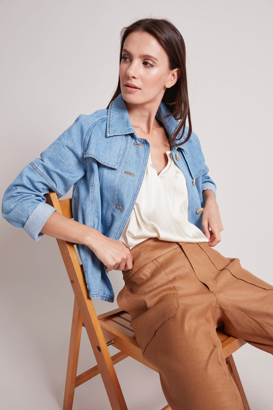 Adroit Atelier Rae Short Denim Jacket in Medium Wash available at Barbara Katz