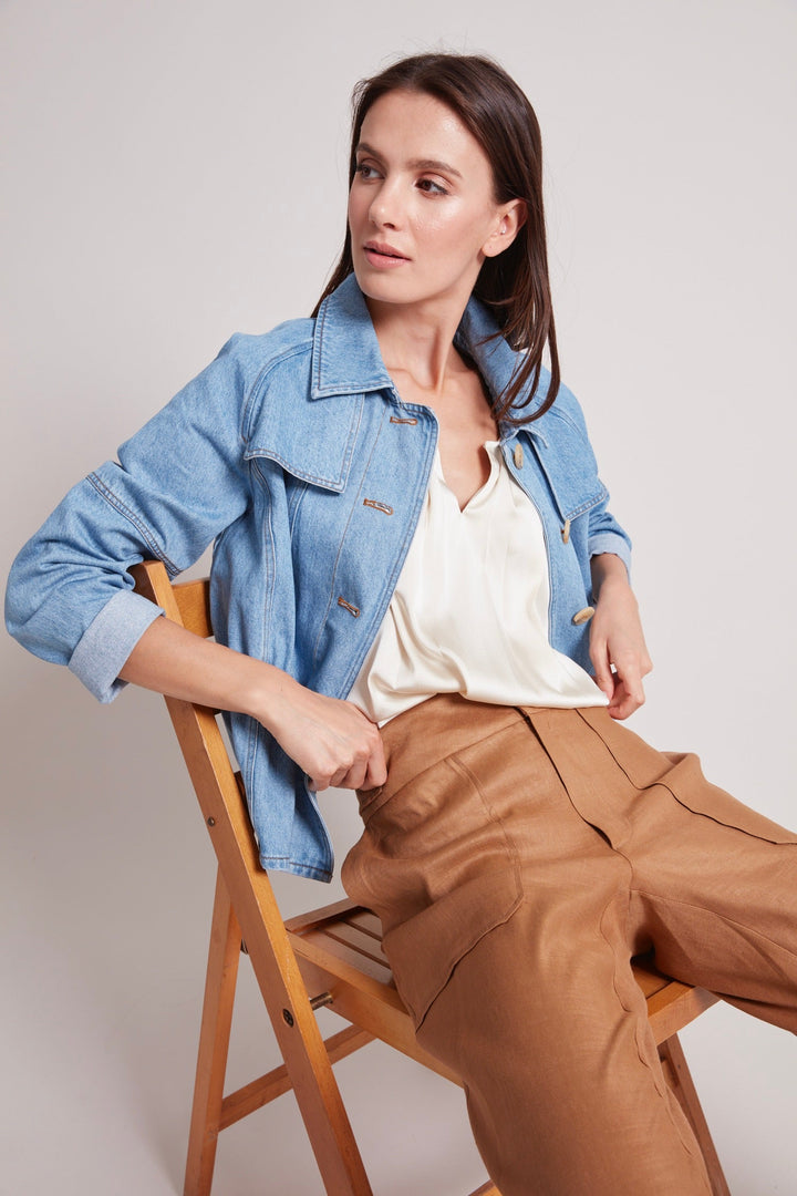 Adroit Atelier Rae Short Denim Jacket in Medium Wash available at Barbara Katz