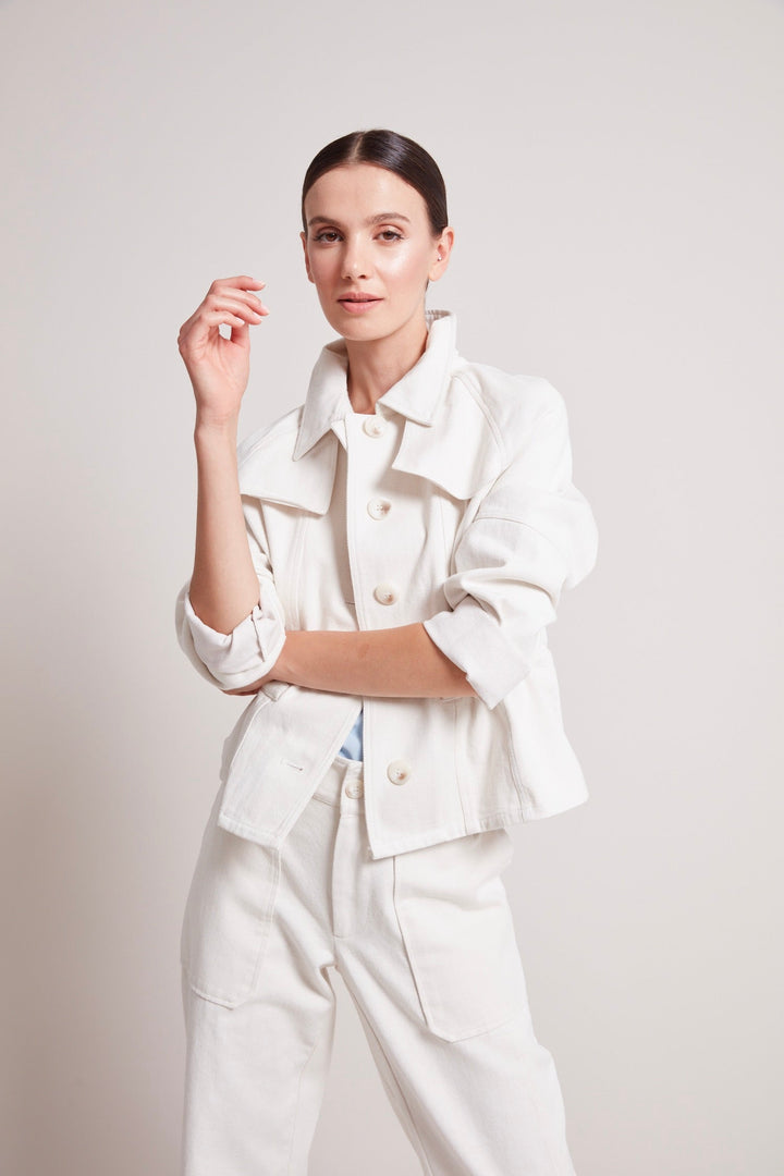 Adroit Atelier Rae Short Denim Jacket in Off White available at Barbara Katz