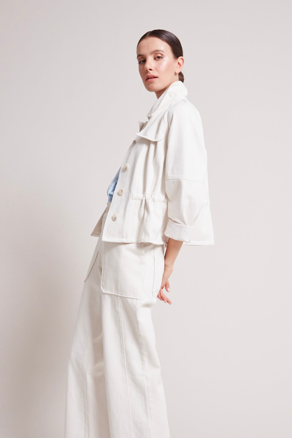 Adroit Atelier Rae Short Denim Jacket in Off White available at Barbara Katz