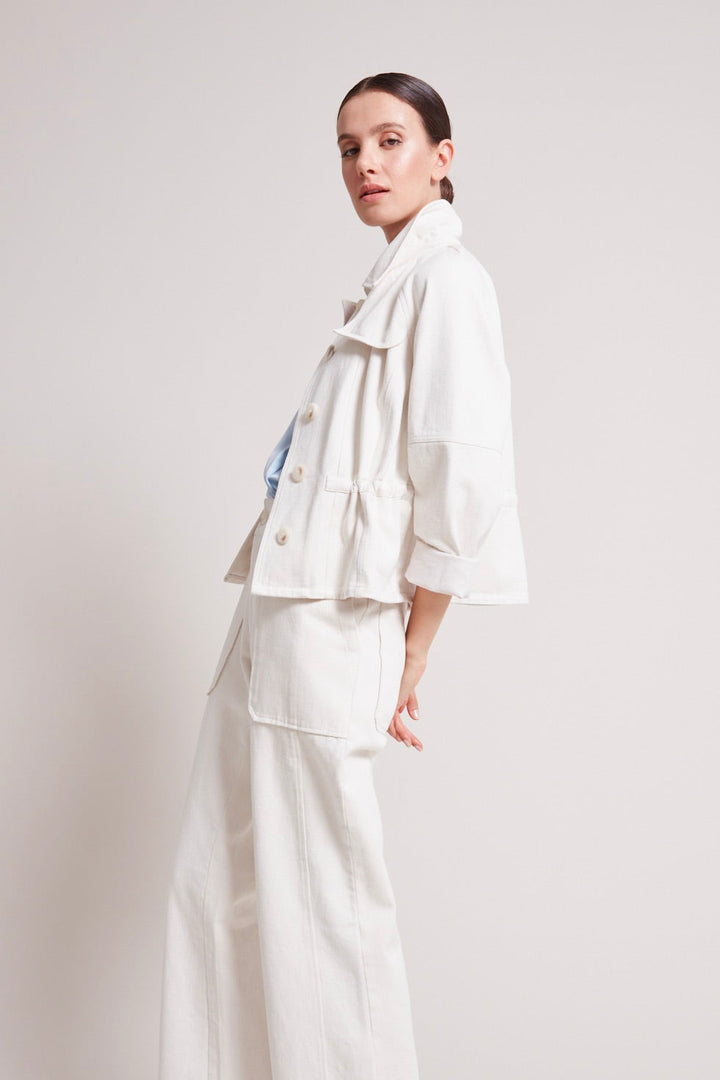 Adroit Atelier Rae Short Denim Jacket in Off White available at Barbara Katz