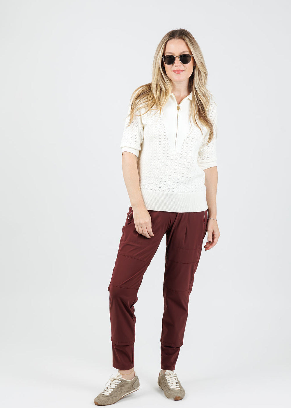 Varley Arney Half Zip Knit Polo Sweater in Egret paired with Raffaello Rossi Candy Pants in Burgundy available at Barbara Katz