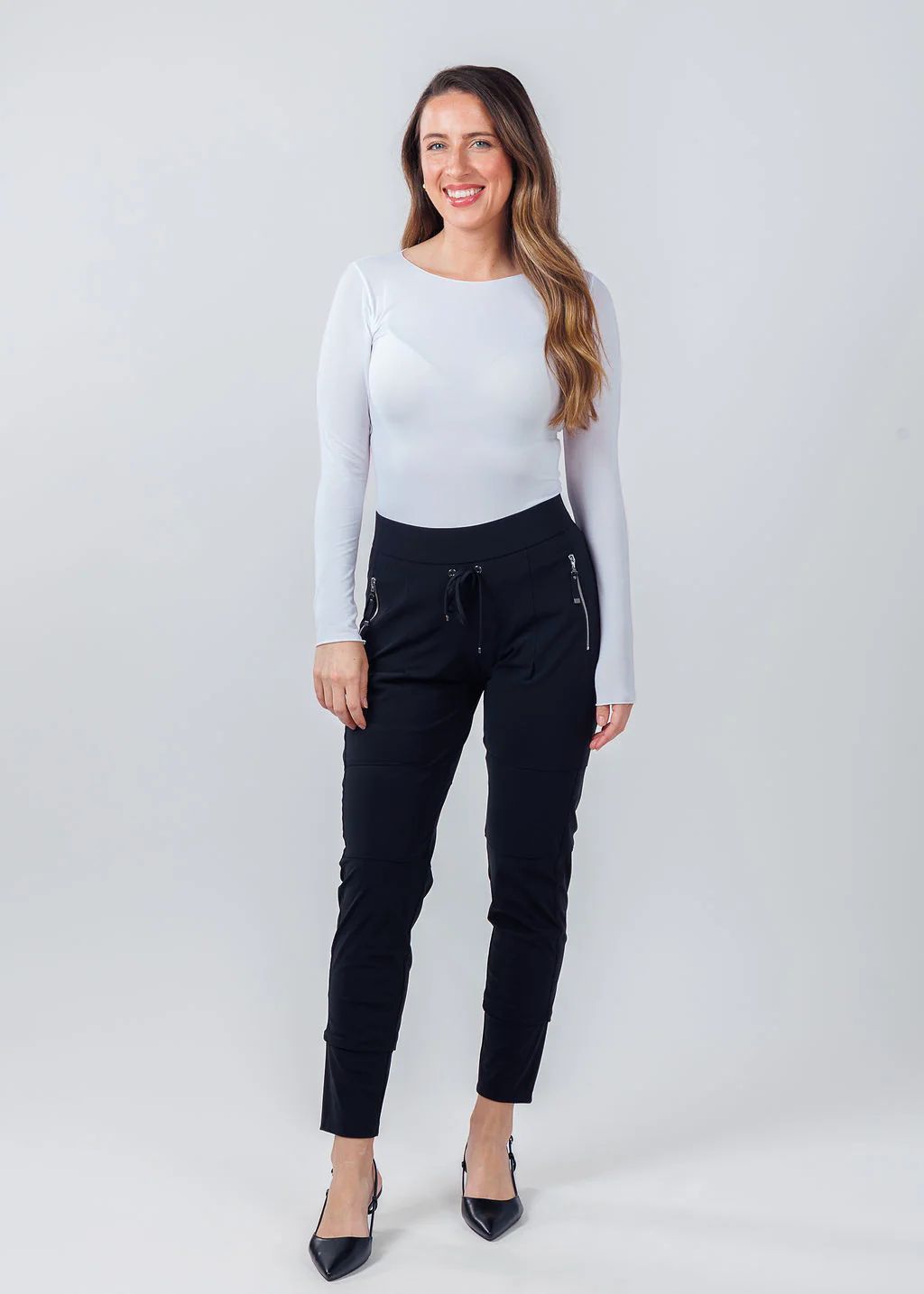 Raffaello Rossi Candy Pants in Marine paired with AMB Solid Raw Edge High Neck Second Skin Top in White available at Barbara Katz