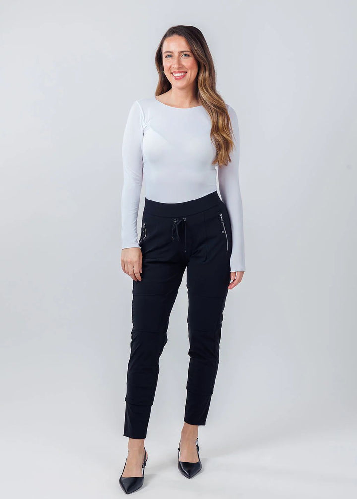 Raffaello Rossi Candy Pants in Marine paired with AMB Solid Raw Edge High Neck Second Skin Top in White available at Barbara Katz