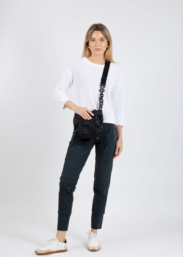 Pure Amici Rayna Crew Neck Shaker Sweater in White paired with Raffaello Rossi Candy Pants in Slate Grey available at Barbara Katz