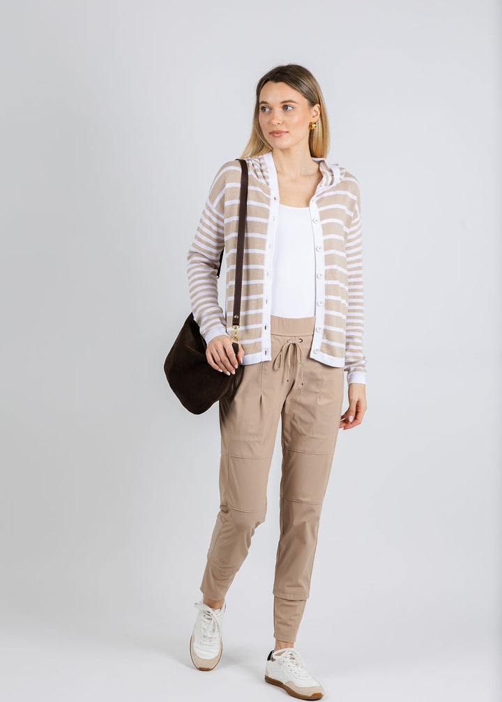 Zaket & Plover Tyana Multi Stripe Hoodie in White paired with Raffaello Rossi Candy Pants in Warm Taupe available at Barbara Katz