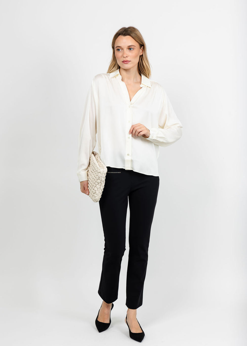 Repeat Silk Blouse - Cream paired with Raffaello Rossi Macy 7/8 Jersey Pant - Black available at Barbara Katz