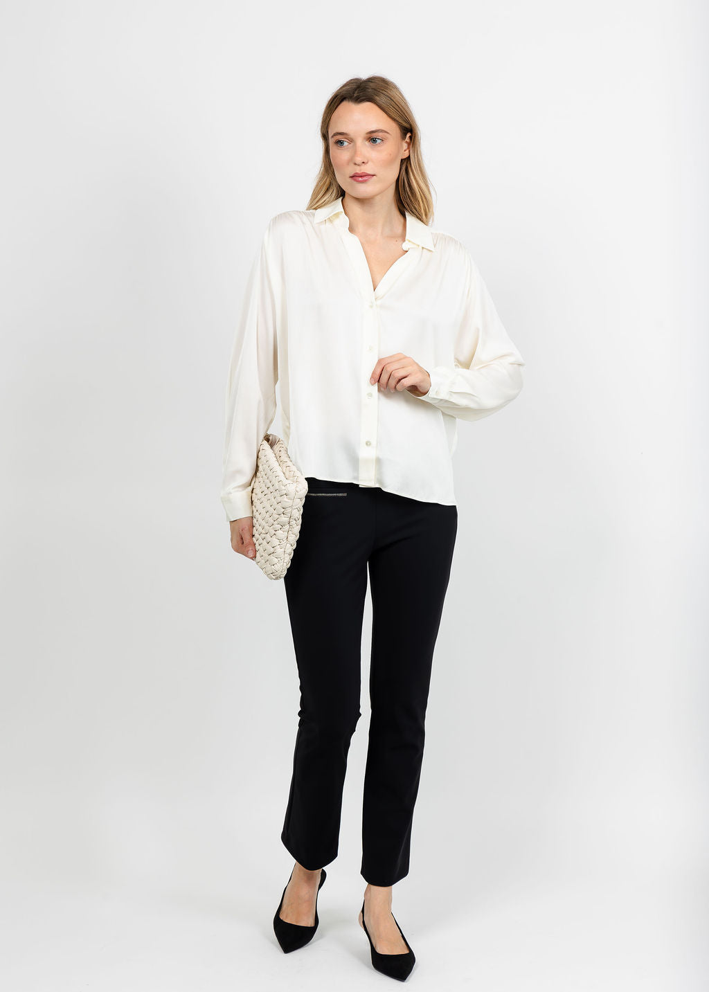 Repeat Silk Blouse - Cream paired with Raffaello Rossi Macy 7/8 Jersey Pant - Black available at Barbara Katz
