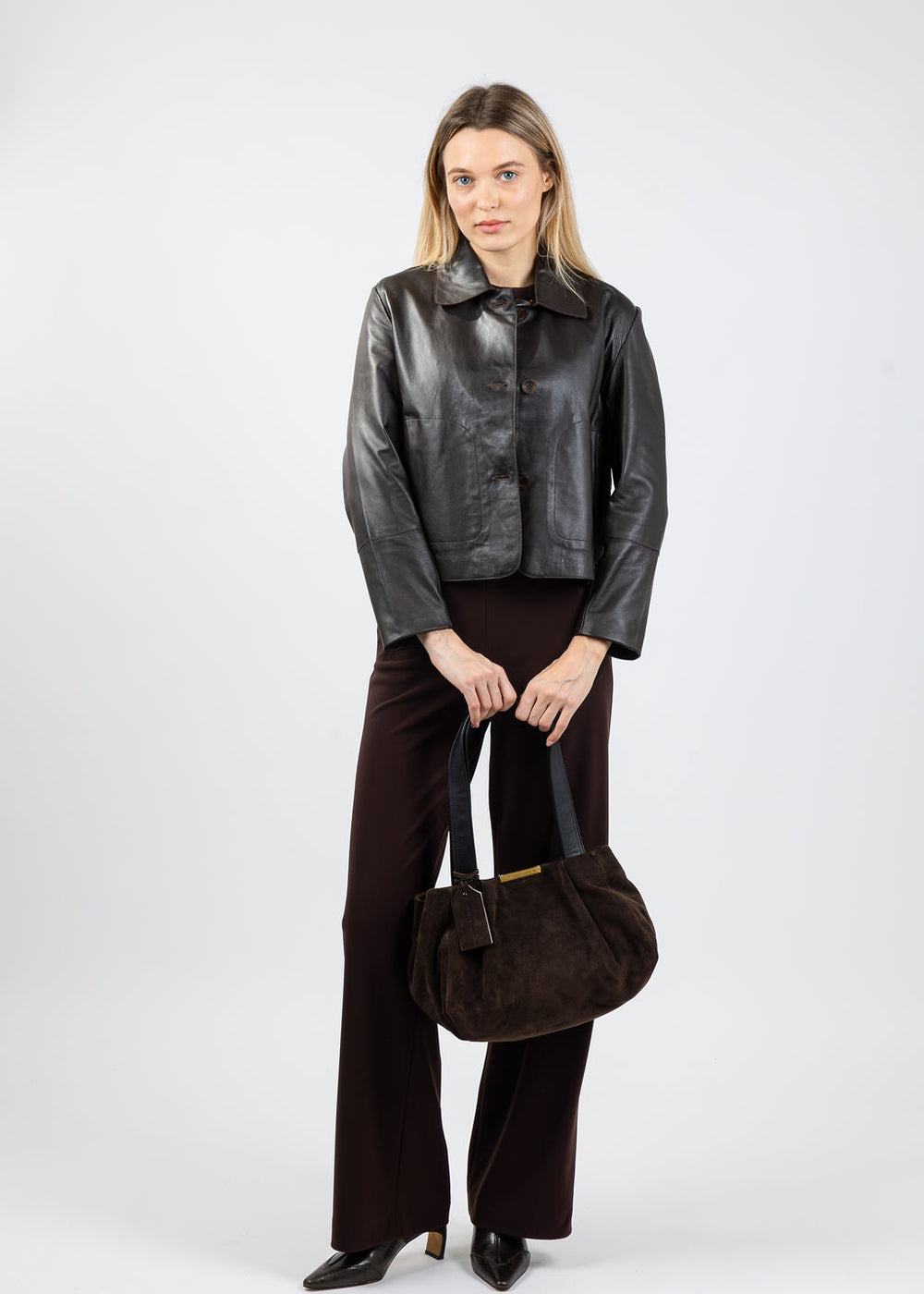 Repeat Leather Cropped Jacket in Morro paired with Raffaello Rossi Palina Long Pants in Brown available at Barbara Katz