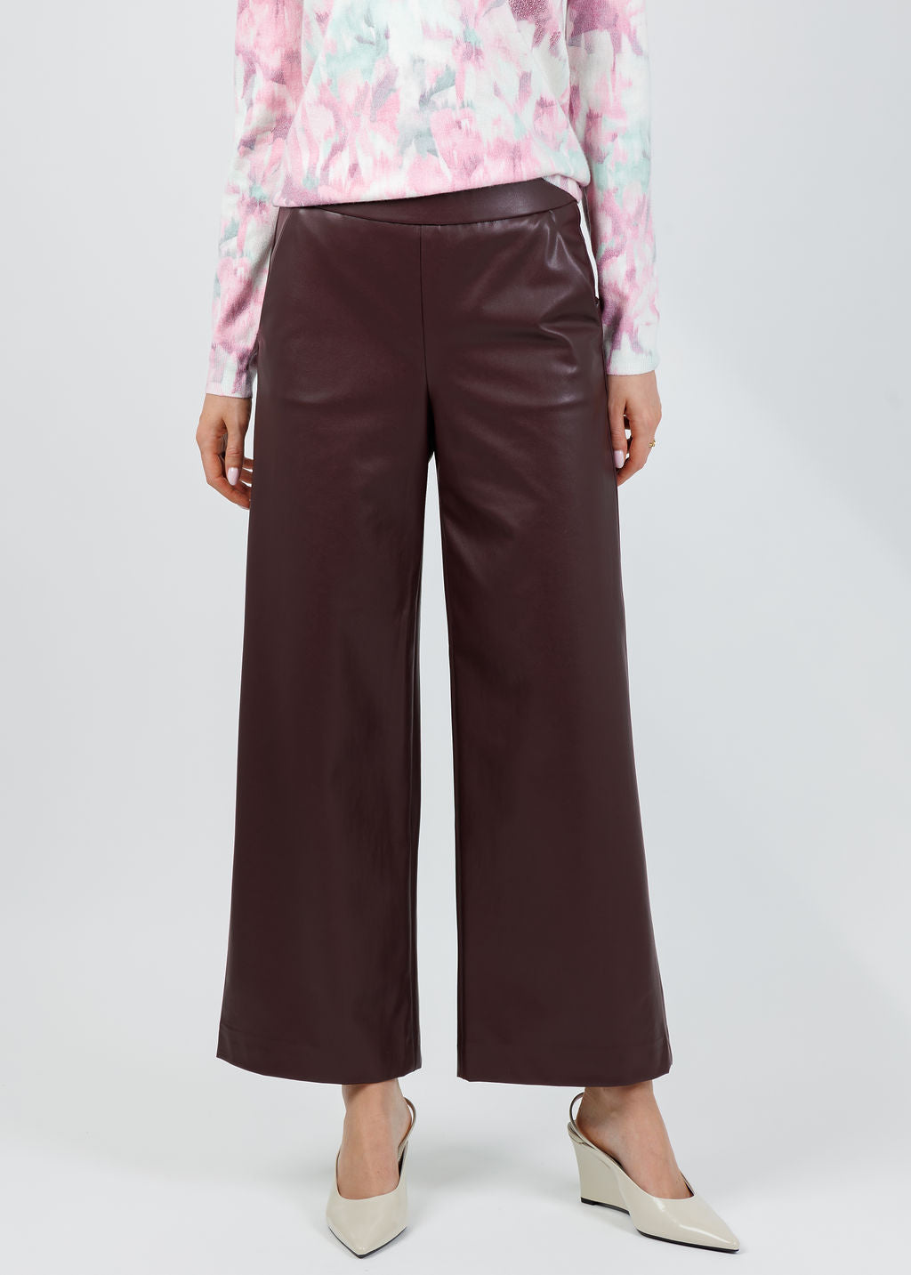 Raffaello Rossi Palina Vegan Leather 6/8 Culotte Pants in Barolo available at Barbara Katz