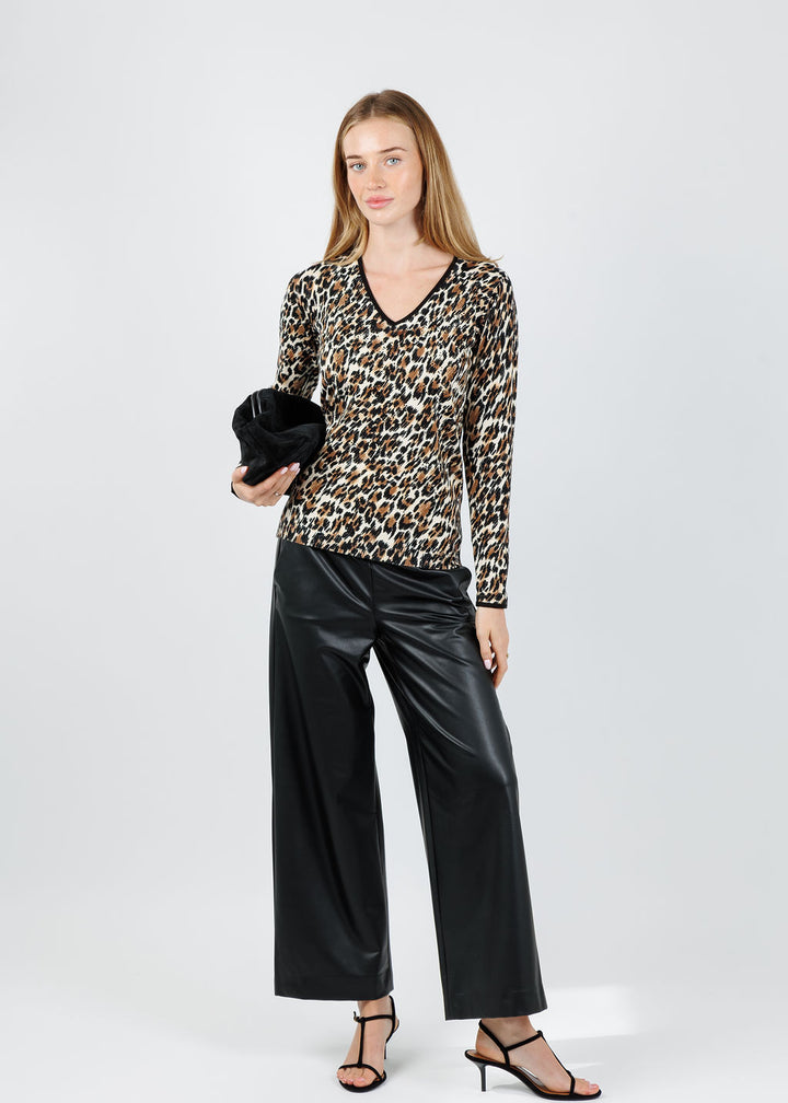 Leo & Ugo Agathe Leopard Sequin V-Neck Sweater in Multicolor paired with Raffaello Rossi Palina Vegan Leather 6/8 Culotte Pants in Black available at Barbara Katz