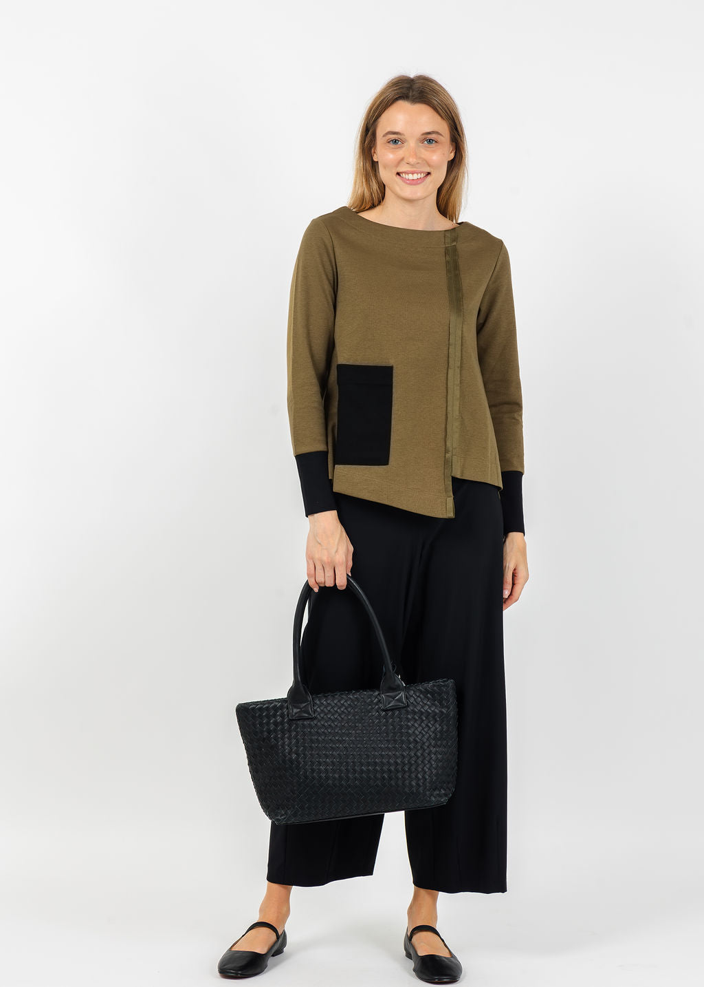 Terra Color Block Mixed Media Top in Dark Olive/Black paired with Raffaello Rossi Sally 7/8 High Tech Jersey Pants in Black available at Barbara Katz