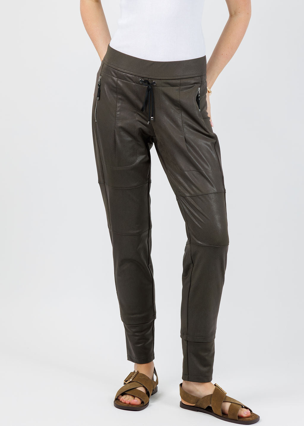 Raffaello Rossi Vegan Leather Candy Pants in Dark Olive available at Barbara Katz