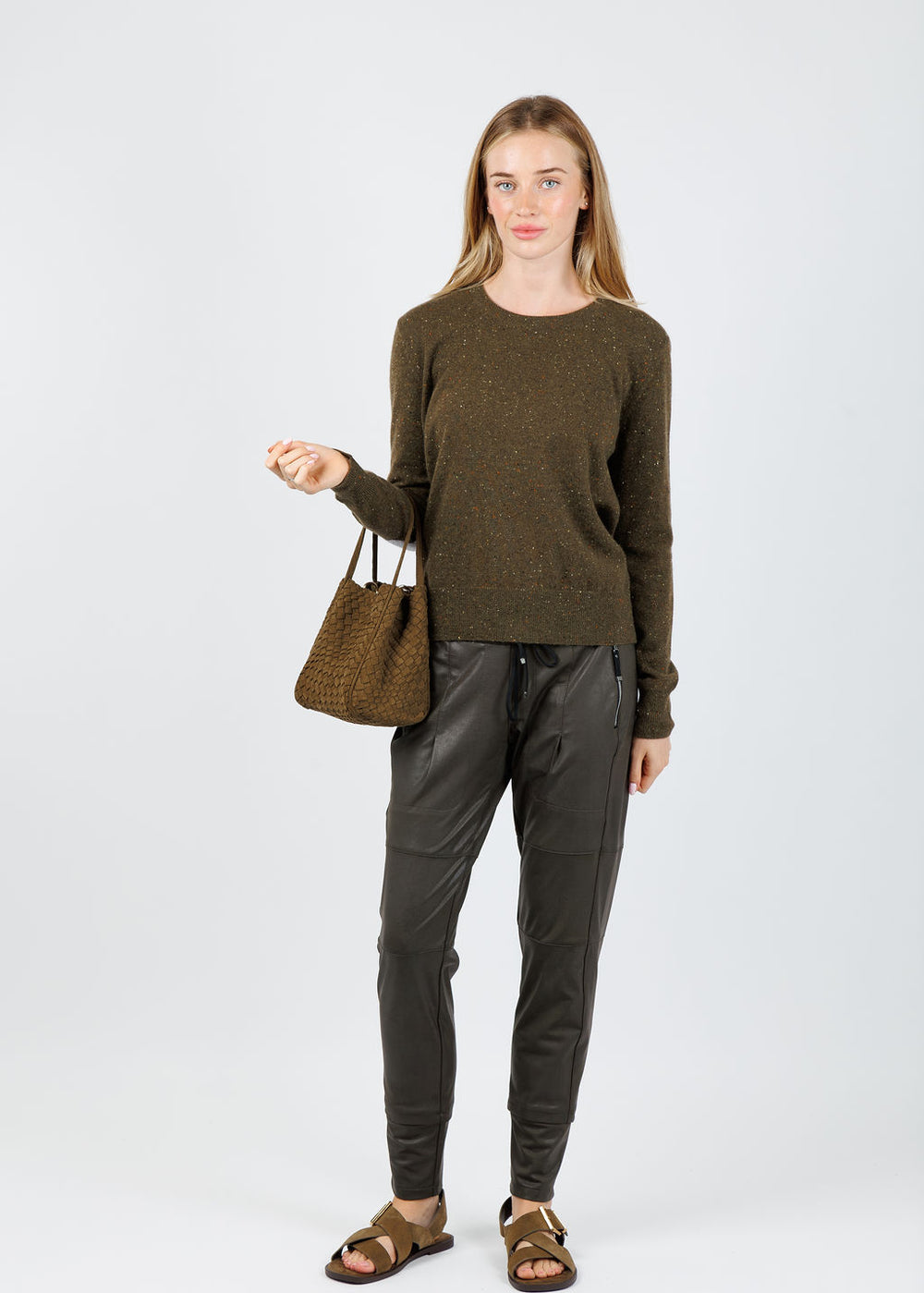 Patchwork Pullover Sweater in Army Green paired with Raffaello Rossi Vegan Leather Candy Pants in Dark Olive available at Barbara Katz