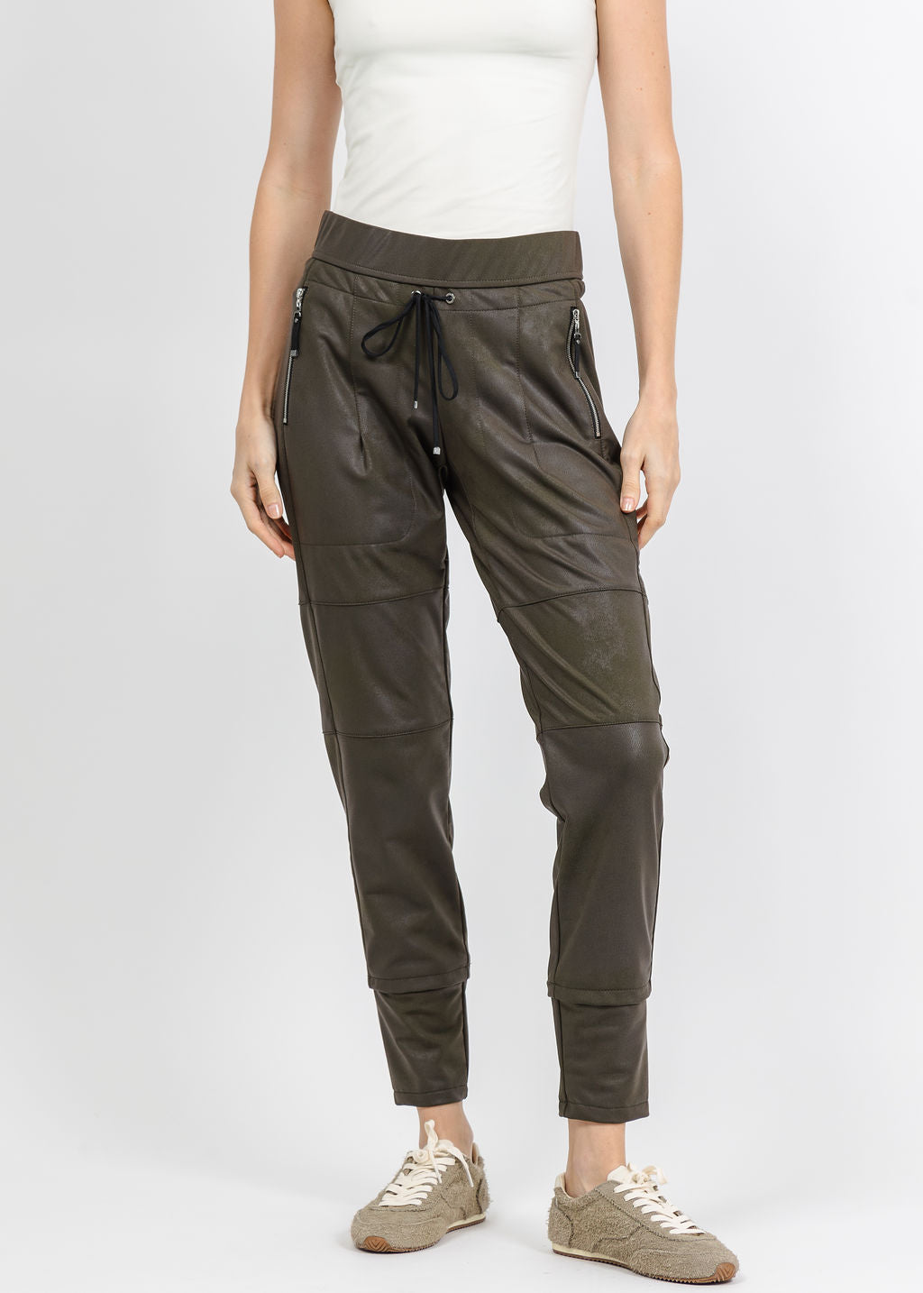  Raffaello Rossi Vegan Leather Candy Pants in Dark Olive available at Barbara Katz