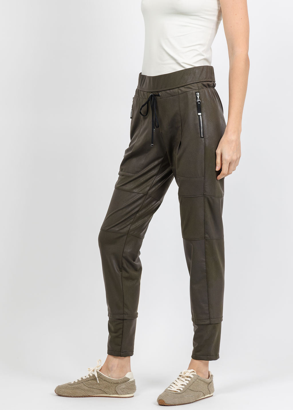  Raffaello Rossi Vegan Leather Candy Pants in Dark Olive available at Barbara Katz
