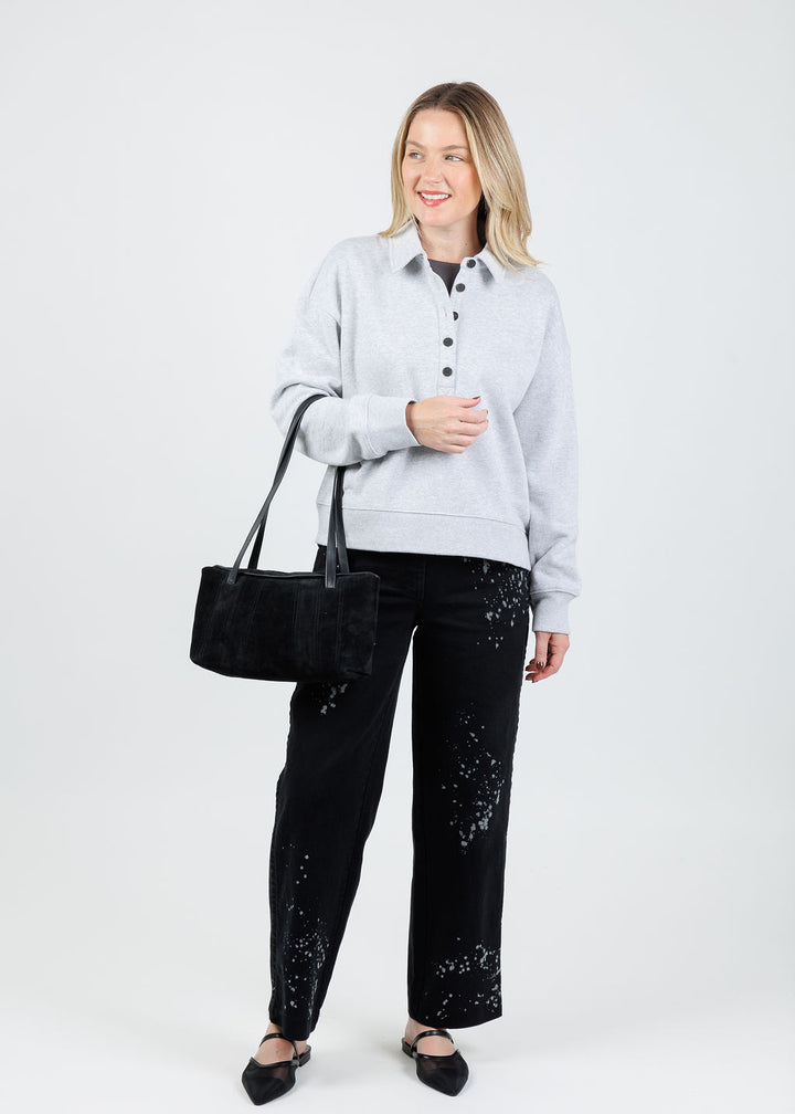 Rails Barlow Sweatshirt in Heather Grey  paired with Ozai N Ku Nubia Splash Denim in Black/White available at Barbara Katz