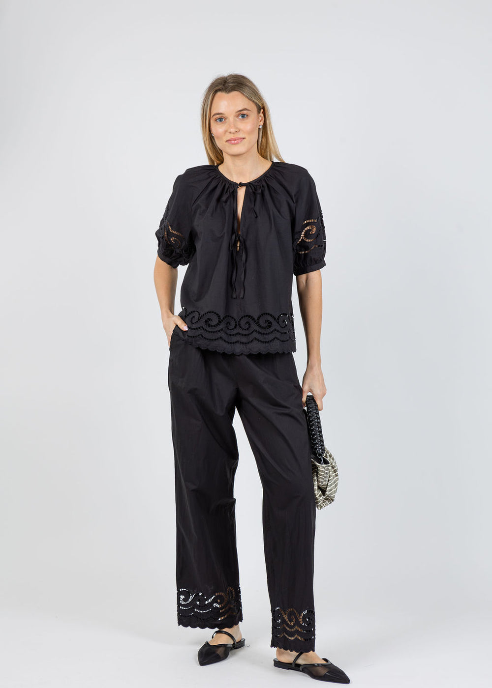 Rails Catalene Blouse & Henrik Pants in Black Embroidery available at Barbara Katz