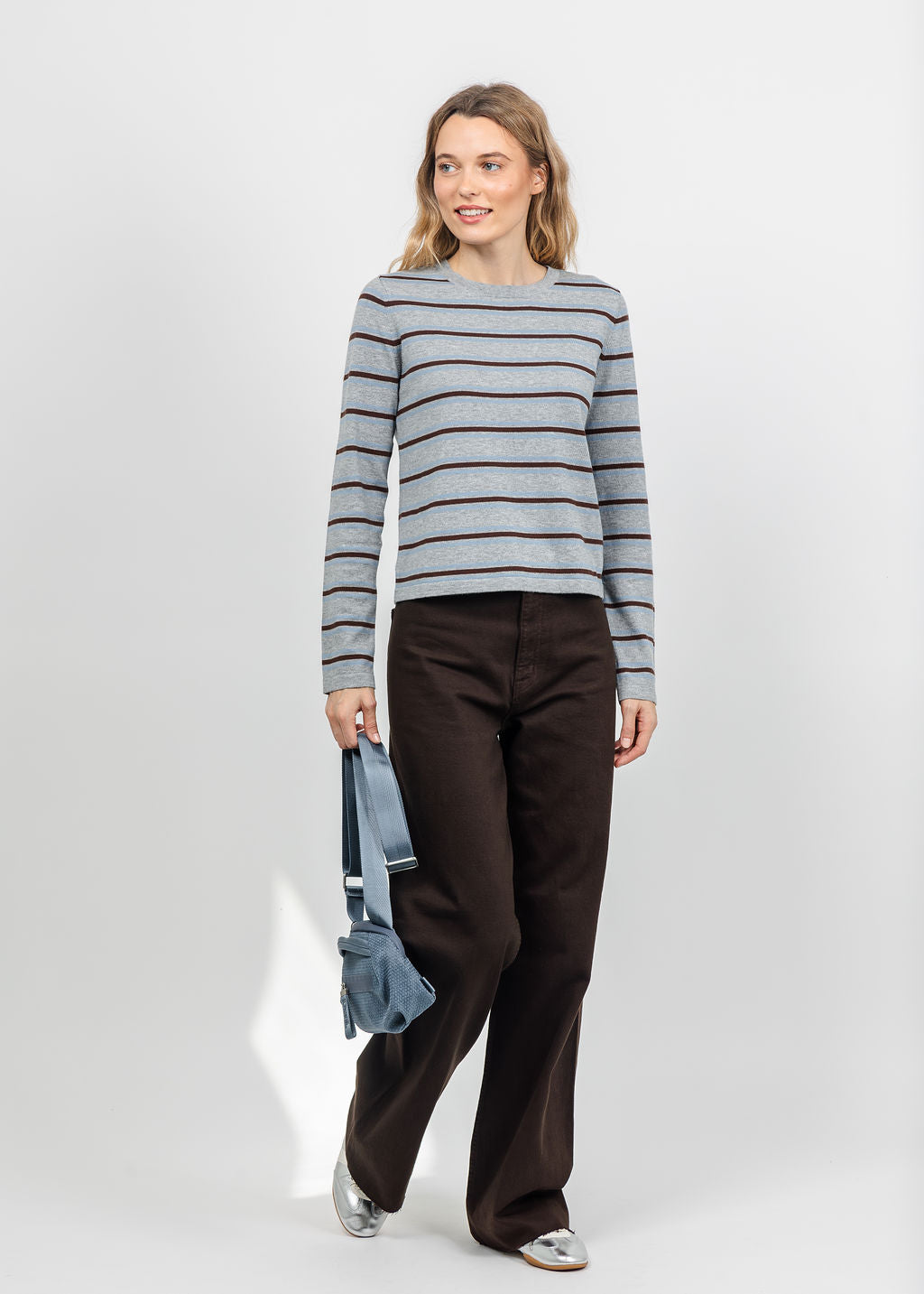 Rails Davie Long Sleeve Tee in Heather Sky paired with Pistola Penny High Rise Wide Leg Jeans in Mocha available at Barbara Katz