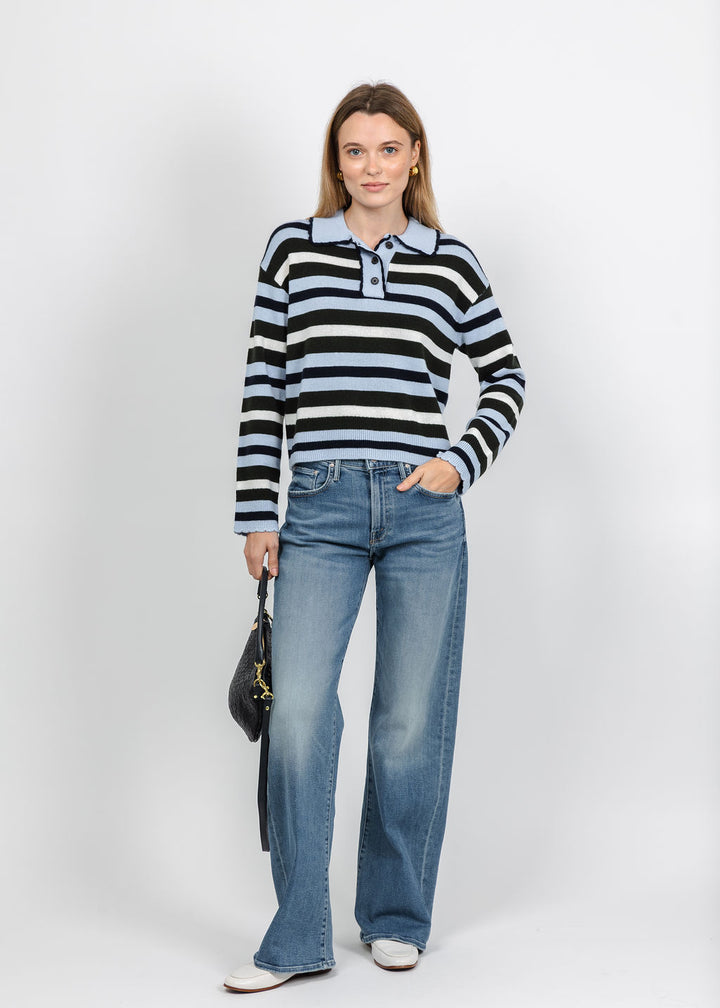 Rails Delora Sweater in Sky Forest Stripe paired with Mother The Mid Rise Lasso Sneak Jeans in VGR available at Barbara Katz
