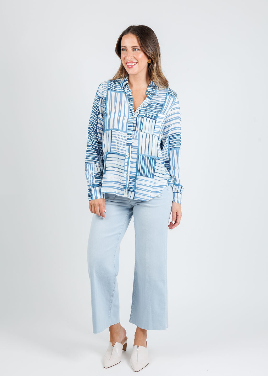 Rails Josephine Shirt in Marine Mixed Stripe paired with Frame The Anchor Pants in Float Raw Fray available at Barbara Katz