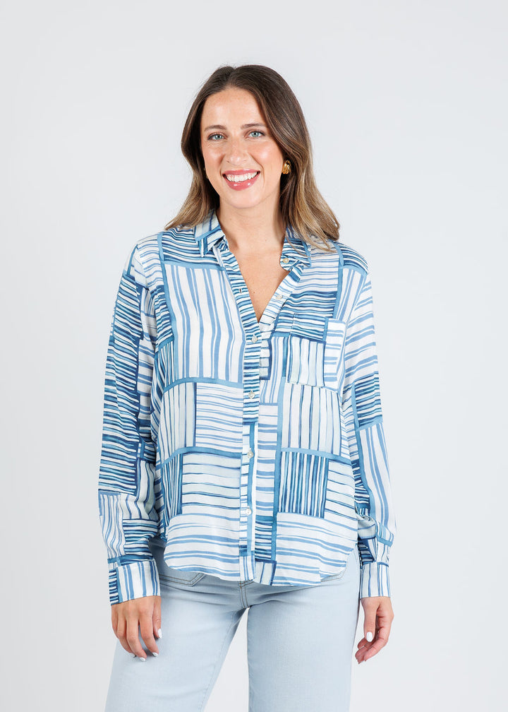 Rails Josephine Shirt in Marine Mixed Stripe paired with Frame The Anchor Pants in Float Raw Fray available at Barbara Katz