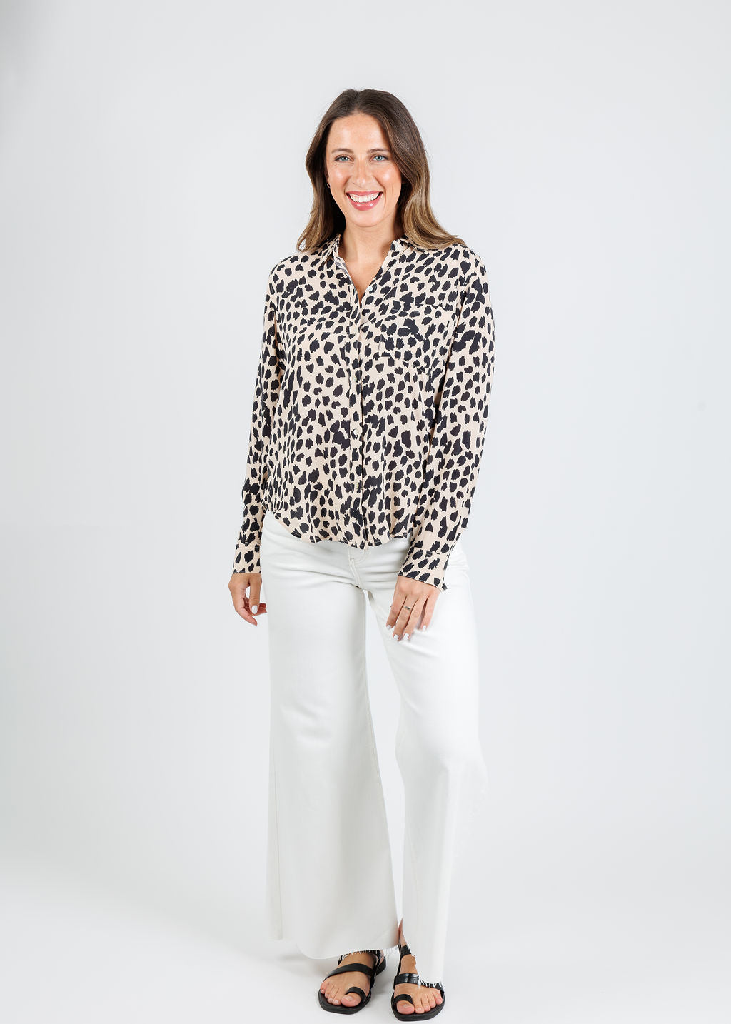 Rails Josephine Shirt in Taupe Spotted paired with Frame Le Palazzo Crop Jeans in Au Natural Clean Raw After available at Barbara Katz