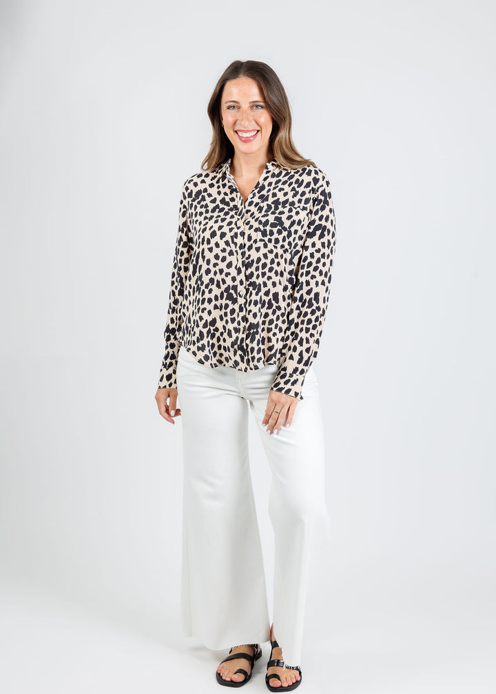 Rails Josephine Shirt in Taupe Spotted paired with Frame Le Palazzo Crop Jeans in Au Natural Clean Raw After available at Barbara Katz