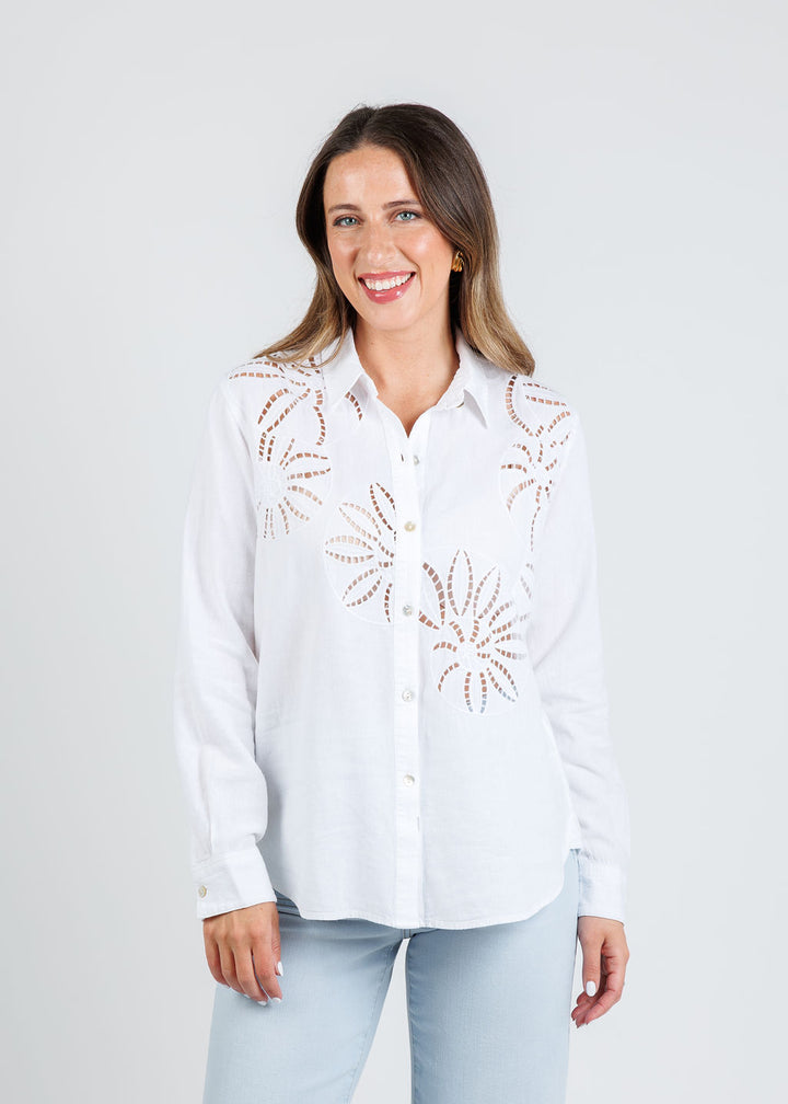 Rails Samar Shirt in White paired with Frame The Anchor Pants in Float Raw Fray available at Barbara Katz