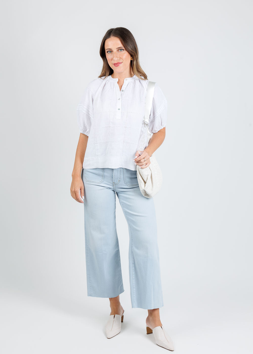 Rails Shoshanna Top in Charli Patchwork Embroidery paired with Frame The Anchor Pants in Float Raw Fray available at Barbara Katz
