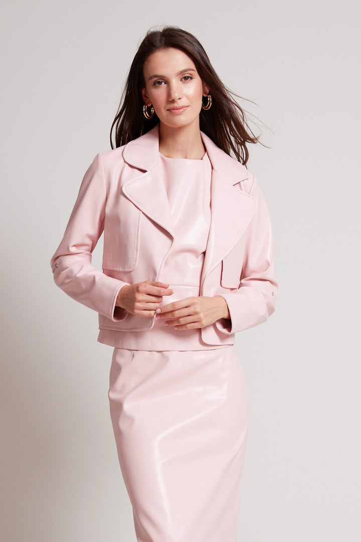 Adroit Atelier Ninon Short Vegan Leather Open Front Jacket in Soft Pink available at Barbara Katz