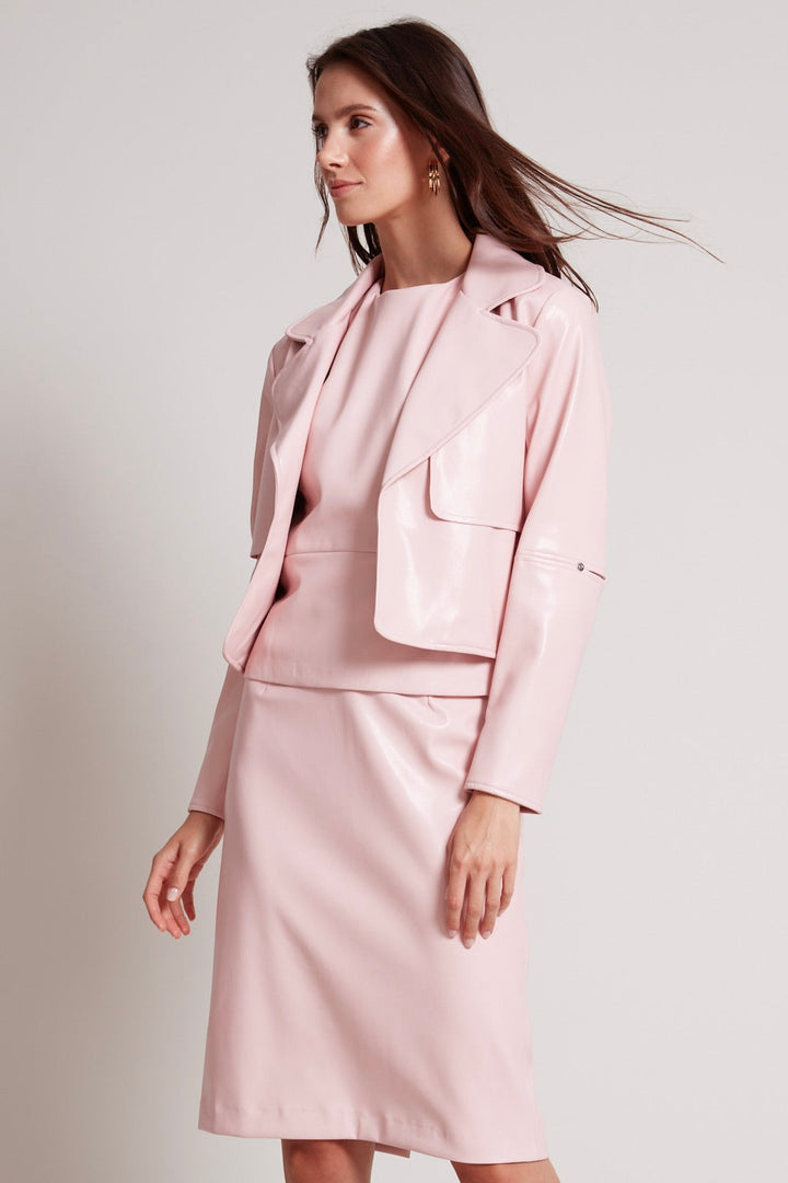 Adroit Atelier Ninon Short Vegan Leather Open Front Jacket in Soft Pink available at Barbara Katz