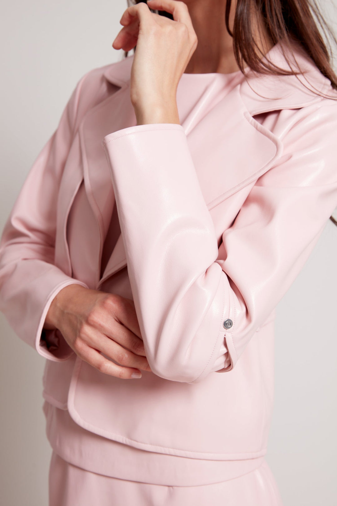 Adroit Atelier Ninon Short Vegan Leather Open Front Jacket in Soft Pink available at Barbara Katz