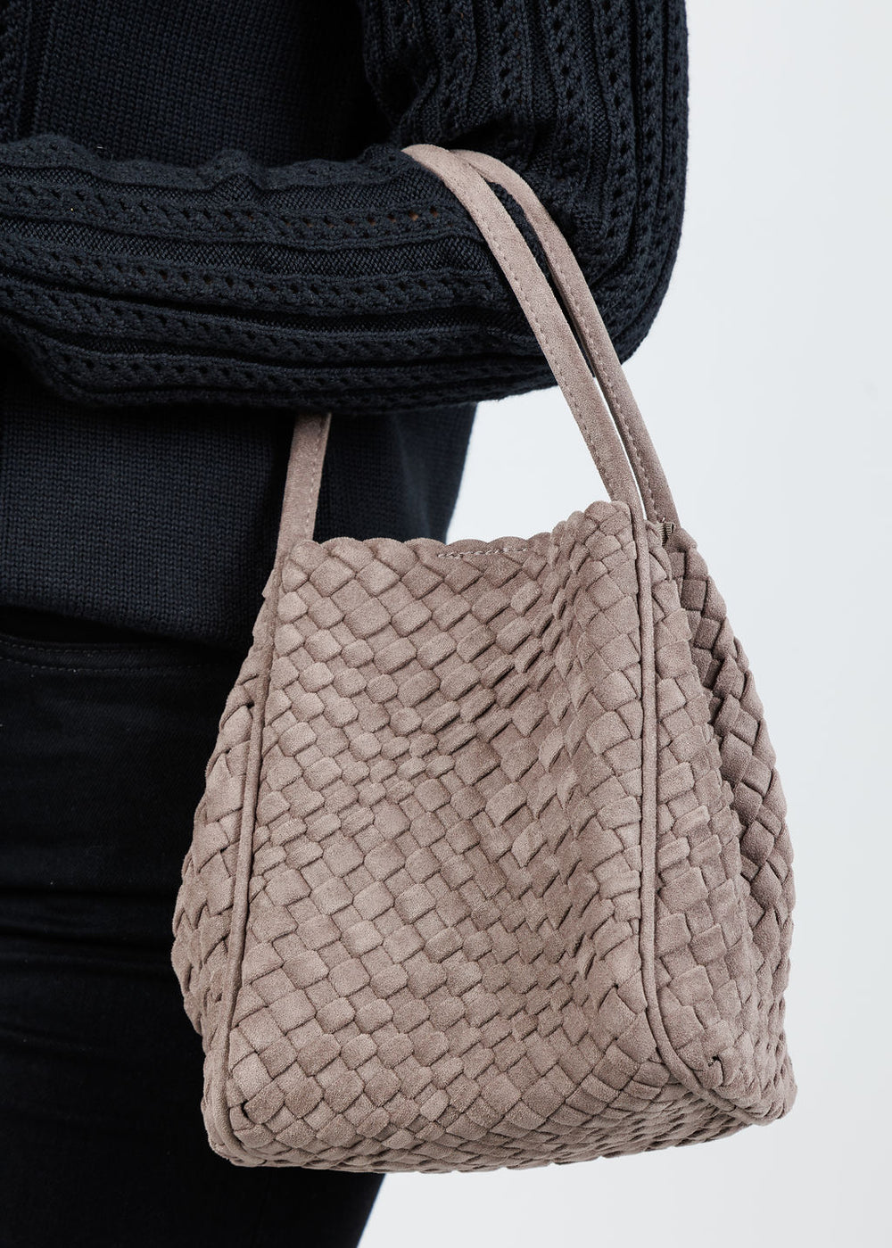 Remi/Reid Hollace Faux Suede Mini Woven Tote Bag in Dark Taupe available at Barbara Katz